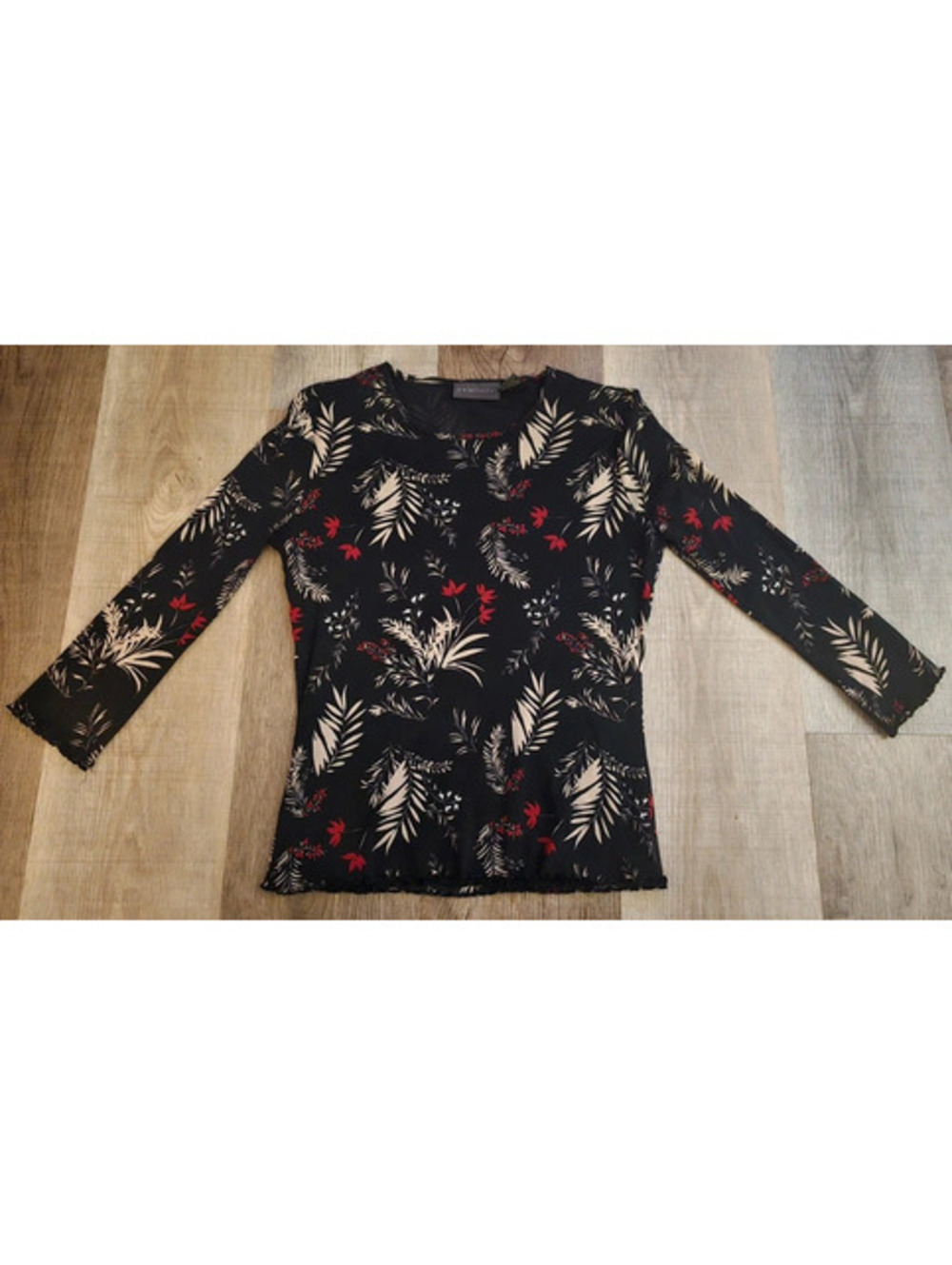 VTG Relativity Sheer Mesh Top Floral Palm Leaf Print Lettuce Hem Y2K 90s